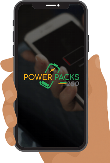 Power Packs 2 Go mobile app screens showing the station map and rental flow